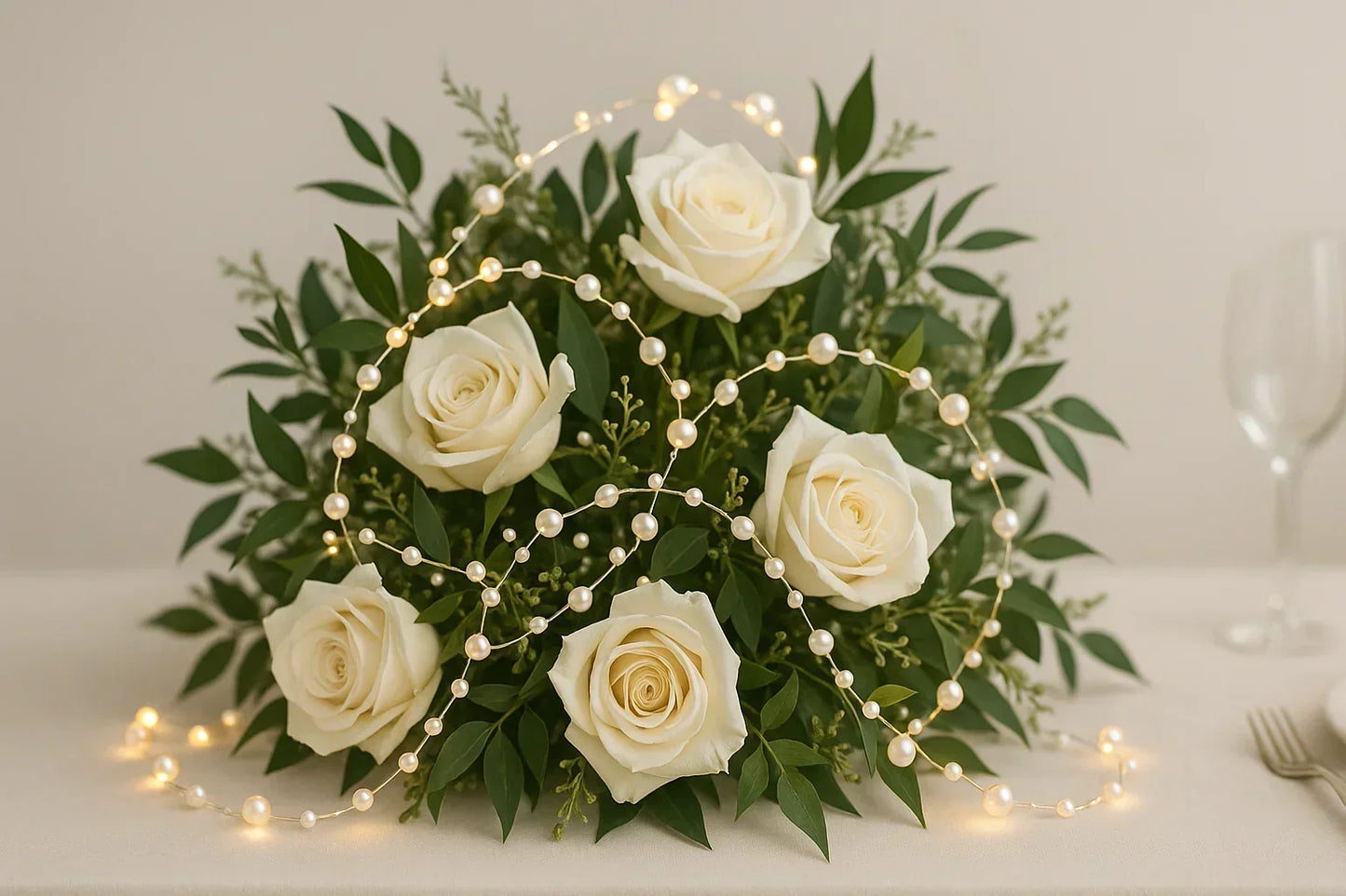 Elegant wedding bouquet display with white roses, green foliage, and pearl string lights on table