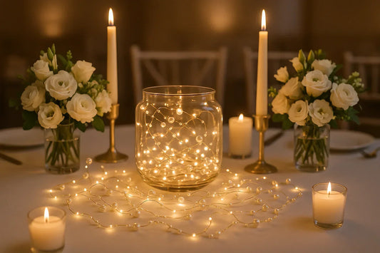 Elegant wedding reception table with white roses, lit candles, and warm fairy light centerpiece