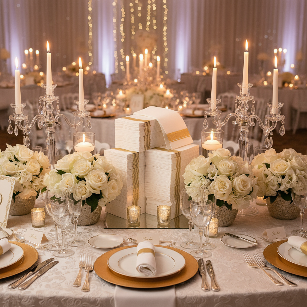 Wedding table with gold-bordered napkins