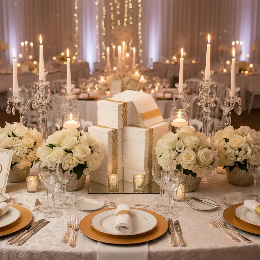 Wedding table with gold-bordered napkins
