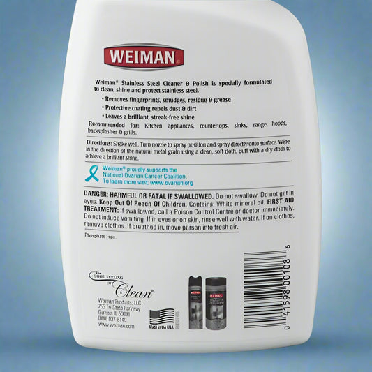 A bottle of Weiman Stainless Steel Cleaner & Polish. The label provides details on its use for cleaning, shining, and protecting stainless steel, along with directions and safety warnings. It is a product sold by One Use Classic