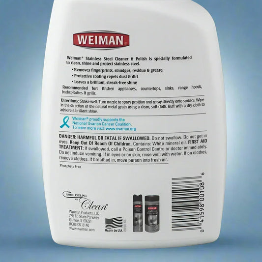 A bottle of Weiman Stainless Steel Cleaner & Polish. The label provides details on its use for cleaning, shining, and protecting stainless steel, along with directions and safety warnings. It is a product sold by One Use Classic