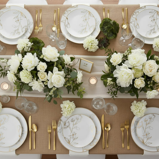White Plastic Lunch Plates 30 Ct - Gold Floral Disposable Dinnerware Set