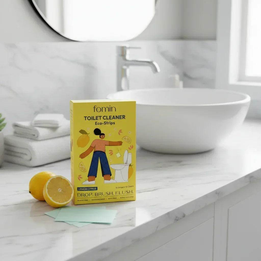 Fomin Toilet Cleaner Eco-Strips on marble bathroom countertop