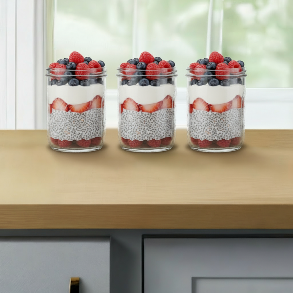 16 oz jars with mixed chia pudding