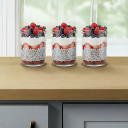 16 oz jars with mixed chia pudding