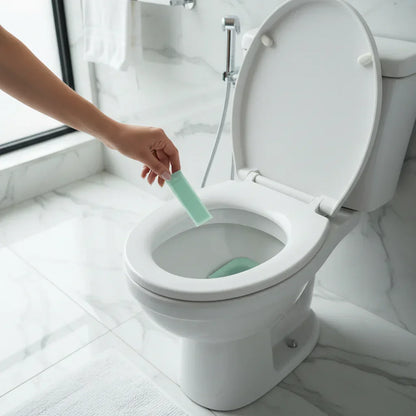 Рука опускает полоску в открытый унитаз