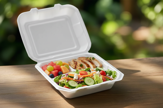 Hefty Supreme 3-compartment white foam hinged lid container with BBQ lunch on a wooden outdoor table.