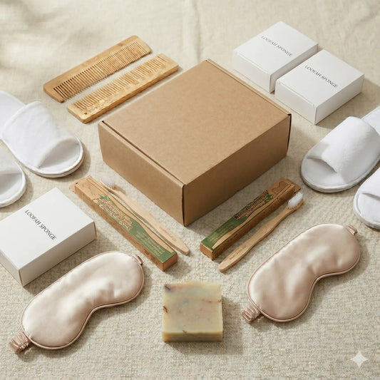 Luxury Guesthouse Welcome Kit with two pairs of Garnier-Thiebaut velour slippers and a premium gift box containing a silk eye mask, wooden comb, and artisan toiletries. Eco-friendly guest amenities by OneUseClassic in a bright bathroom setting.
