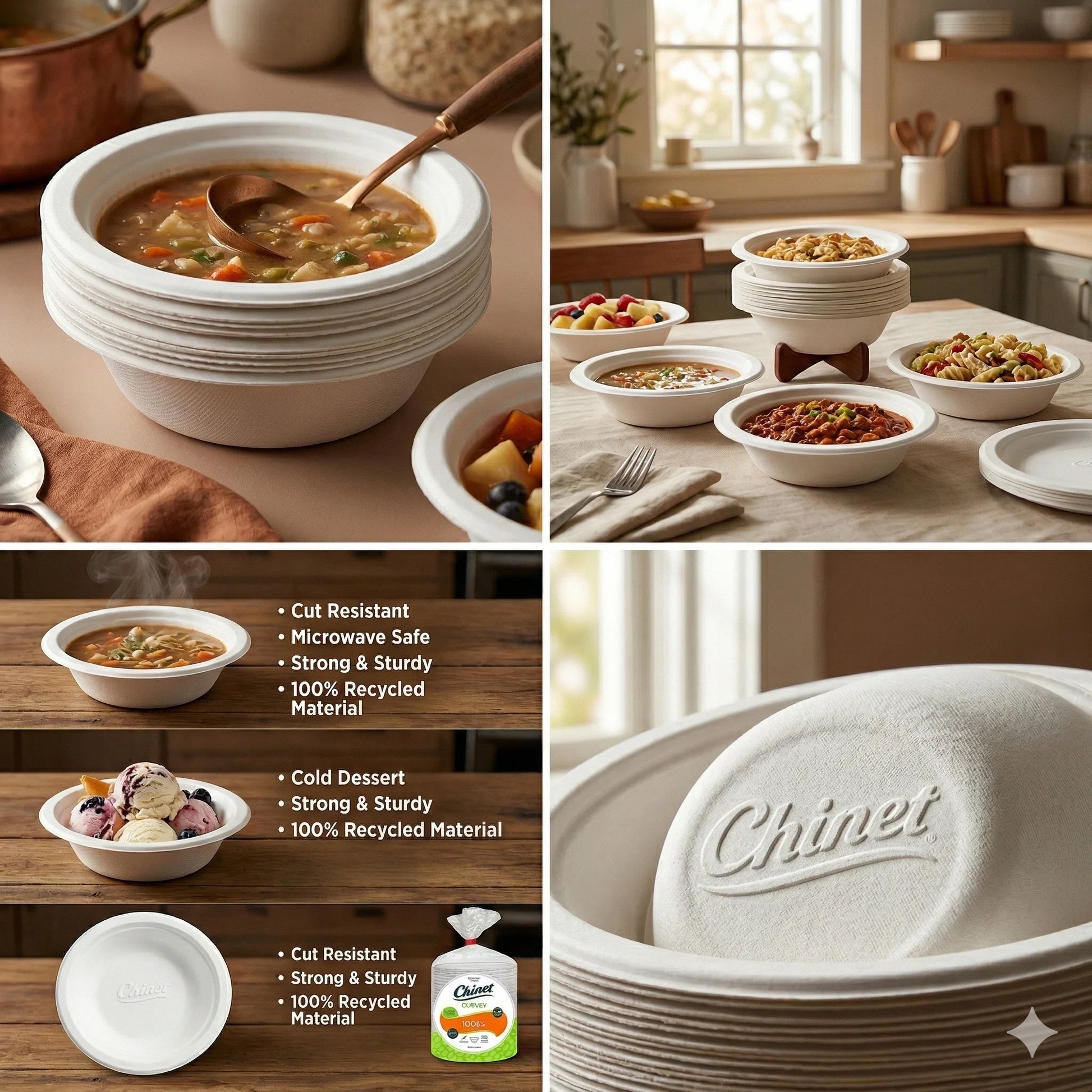 Infographic chart highlighting key features of Chinet Classic bowls: Cut Resistant, Microwave Safe, and Strong & Sturdy. Ideal for premium service.