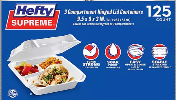 Hefty Supreme Foam Hinged Lid Container, 3-Compartment (125 ct.)