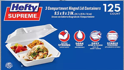 Hefty Supreme Foam Hinged Lid Container, 3-Compartment (125 ct.)