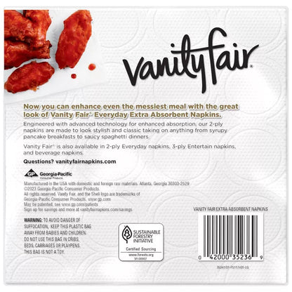 A close-up of a package of Vanity Fair Extra Absorbent Napkins, showcasing a large logo, product description, and an image of food. The product is from One Use Classic.