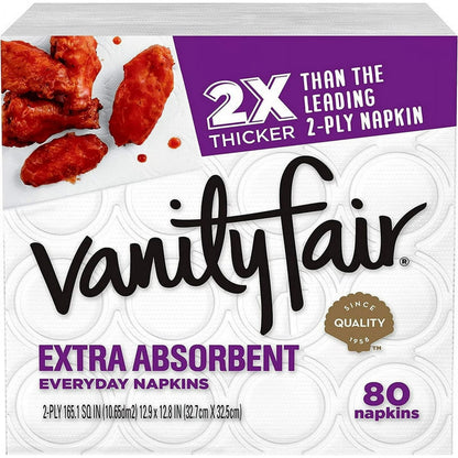 A package of Vanity Fair Extra Absorbent Everyday Napkins. The packaging is white and purple, with a picture of chicken wings and text that reads "2X THICKER THAN THE LEADING 2-PLY NAPKIN." The product is from One Use Classic.