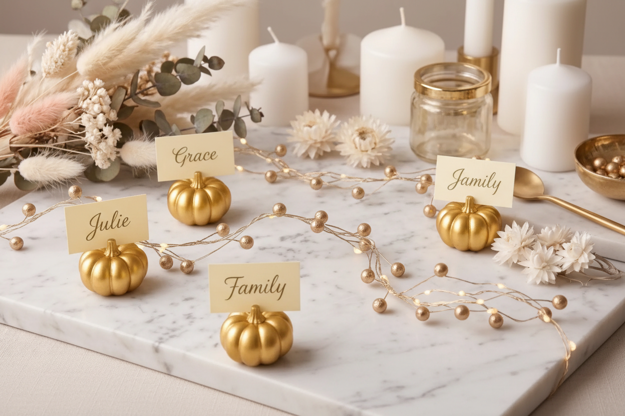 Thanksgiving table setting with gold pumpkin place card holders, lighted gold berry garland, white candles, and autumn leaves