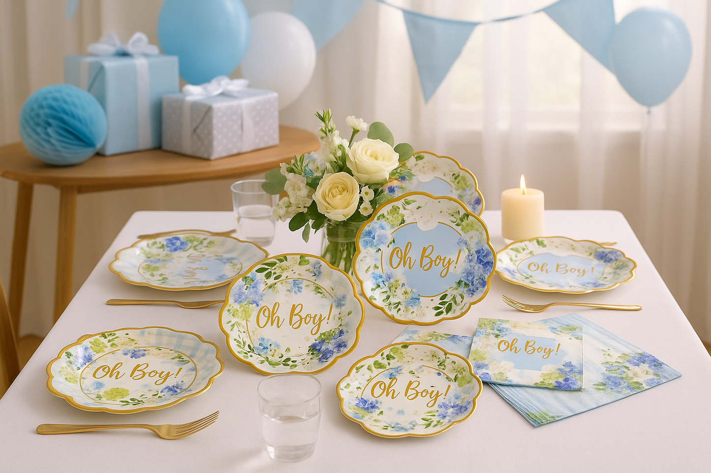 Baby shower party scene with Oh Boy themed supplies