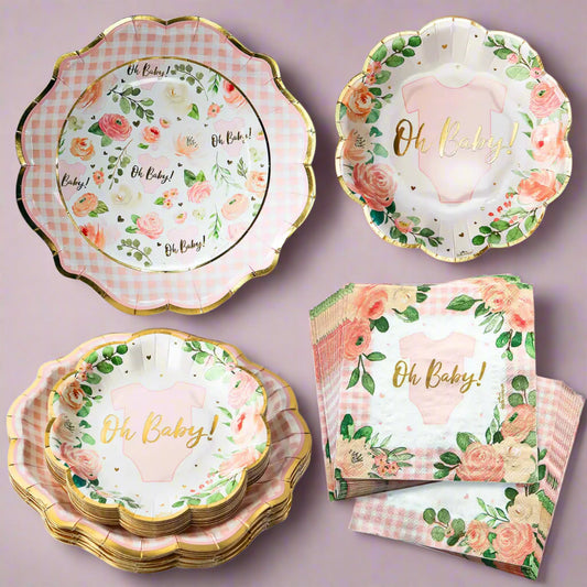 Oh Baby Floral Baby Shower Party Supplies Set - Pink Rose Gold Plates & Napkins