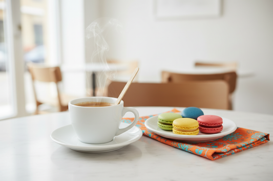 Royal Premium 7-inch bamboo coffee stirrer in a white ceramic cup on a saucer, served with colorful macarons on a decorative napkin.