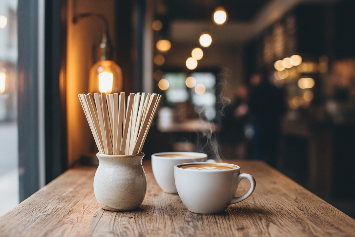 Bulk pack of Royal Premium 7-inch bamboo coffee stirrers displayed in a stylish white ceramic dispenser for a modern coffee station.