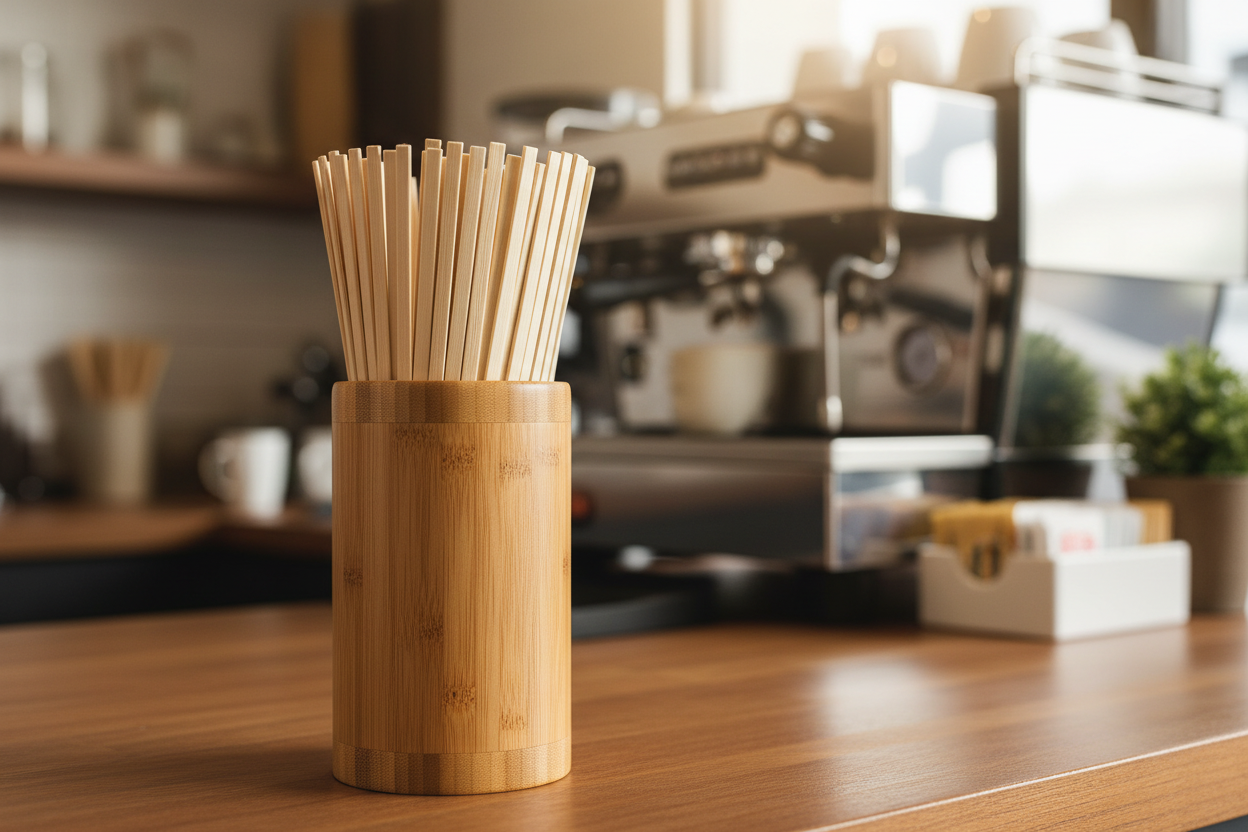 Bamboo stir sticks in dispenser at cafe counter