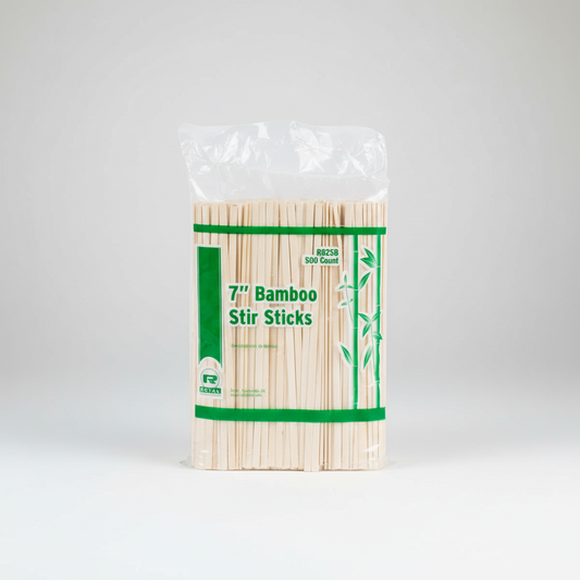 Retail pack of 500 Royal Premium 7-inch bamboo coffee stirrers in clear poly packaging with green bamboo leaf design