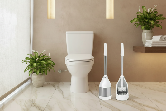 Modern stainless steel toilet brush sets (2-pack) standing in a stylish bathroom with a toilet in the background. Durable rust-resistant bathroom accessories by Oneuseclassic.