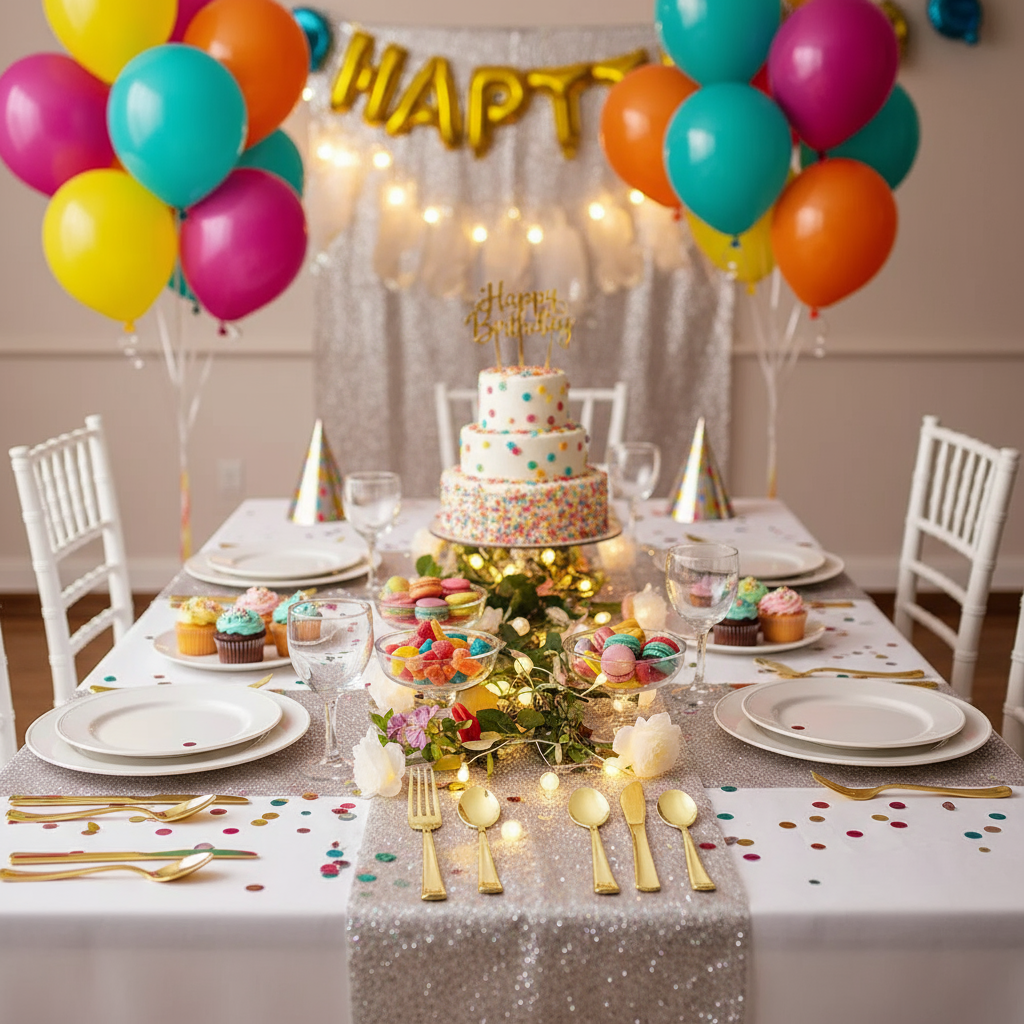 Birthday party table with gold flatware