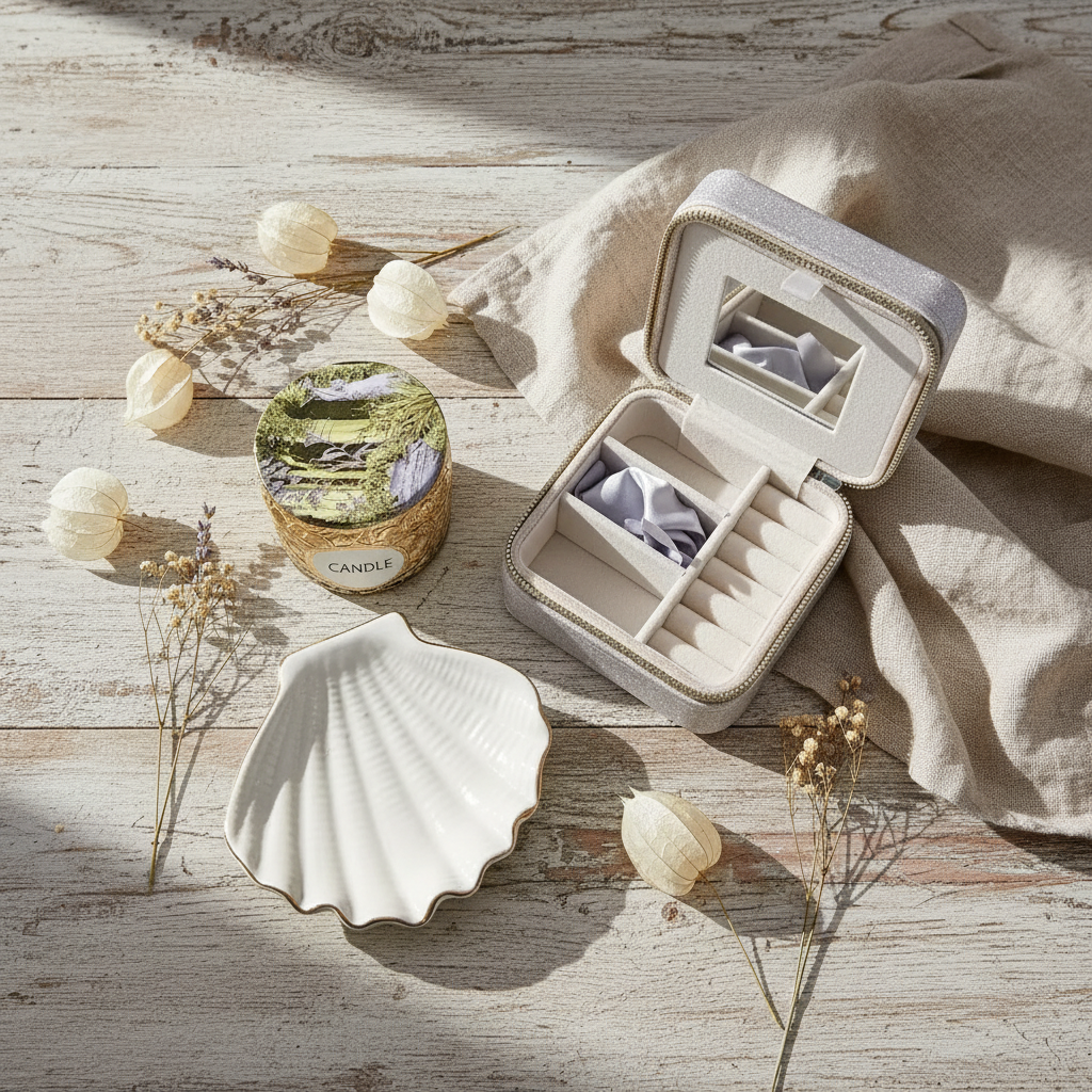 Champagne Velvet Jewelry Box, Ceramic Shell Dish, and Coconut Wax Candle Gift Set - Luxury Vanity Decor.