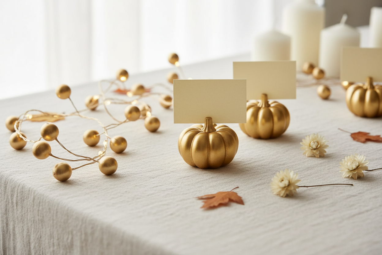 Gold pumpkin place card holders set of 6 styled with illuminated gold berry string lights on a holiday table