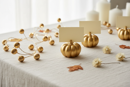 Gold pumpkin place card holders set of 6 styled with illuminated gold berry string lights on a holiday table