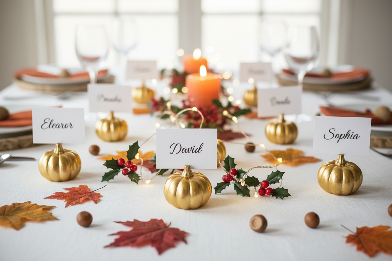 Holiday table centerpiece bundle featuring glowing red berry holly LED string lights garland and a set of six gold pumpkin place card holders on a dinner table.