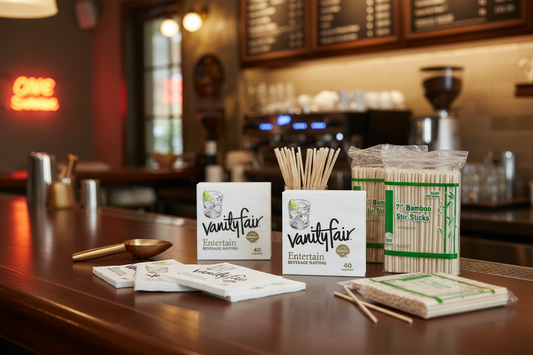A bundle of Vanity Fair Entertain beverage napkins and Royal 7-inch bamboo stir sticks displayed on a bar counter.