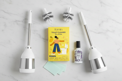Ultimate bathroom refresh bundle featuring two stainless steel toilet brushes , two full-size spare replacement heads, Fomin eco strips, and Poo-Pourri spray.