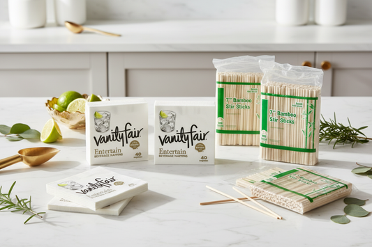 A bundle of Vanity Fair Entertain beverage napkins and Royal 7-inch bamboo stir sticks laid out on a kitchen countertop.