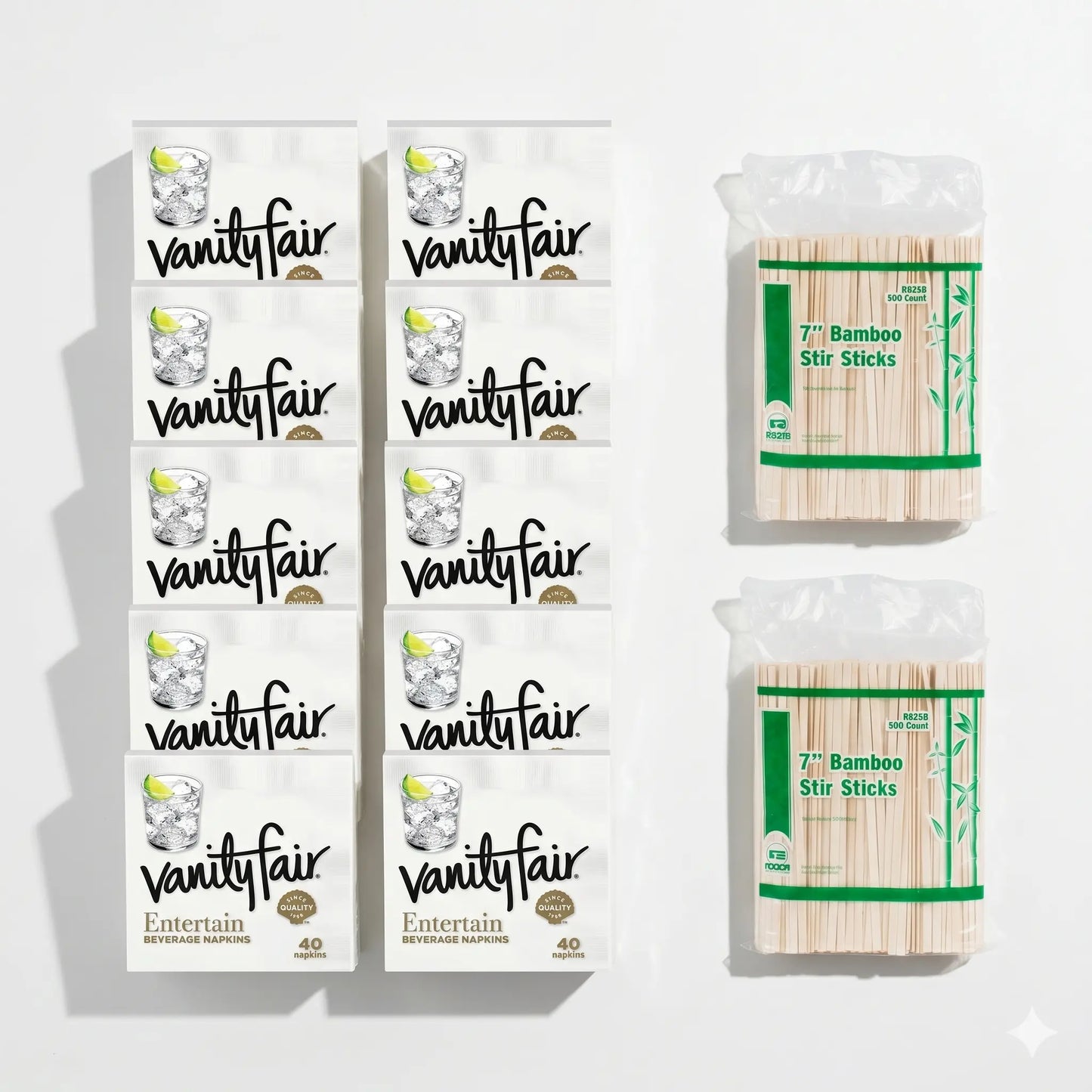 Large bulk supply bundle for coffee stations and events featuring 400 Vanity Fair beverage napkins and 1000 eco-friendly Royal bamboo stirrers.