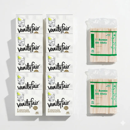 Large bulk supply bundle for coffee stations and events featuring 400 Vanity Fair beverage napkins and 1000 eco-friendly Royal bamboo stirrers.