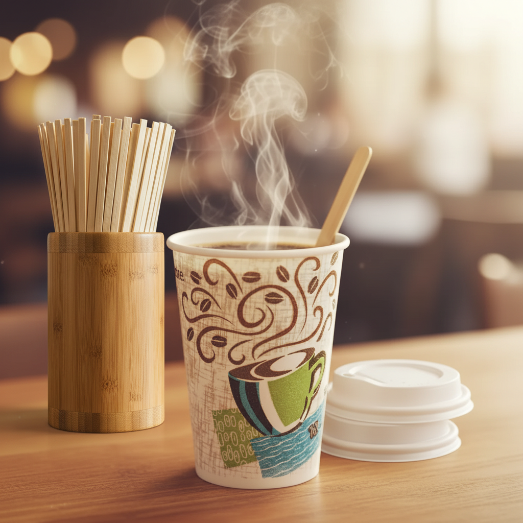Professional coffee break station setup for office employees. An insulated Dixie PerfecTouch cup with a travel lid rests next to a bulk supply of eco-friendly 7" natural bamboo coffee stir sticks.