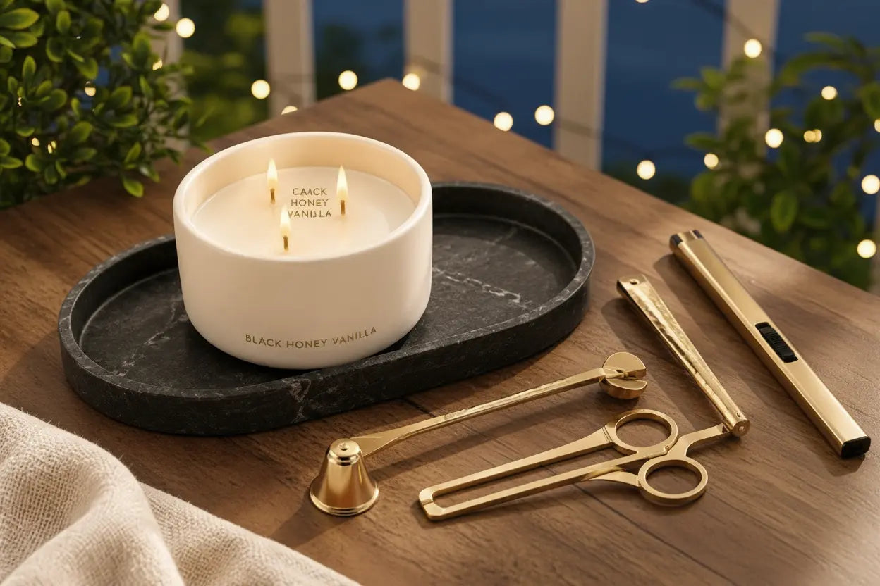 Luxury candle accessory gift set with gold lighter and wick trimmer on a black resin marble tray, styled outdoors on a wooden deck veranda at dusk.