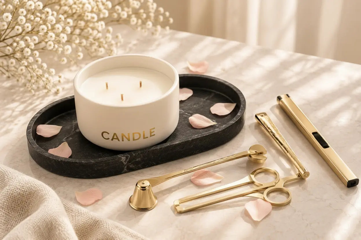 Elegant aesthetic candle decor setup with gold tools and a black marble tray bathed in warm dappled sunlight with gypsophila flowers.