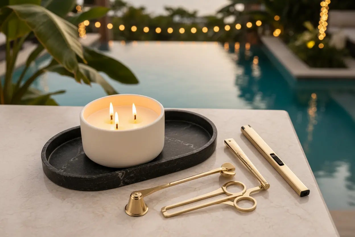 Elegant candle decor and gold care kit on a black marble tray by a illuminated poolside setting at sunset.