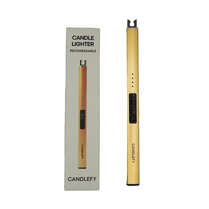 Close-up of a sleek, modern gold rechargeable electric plasma candle lighter, flameless and USB chargeable.
