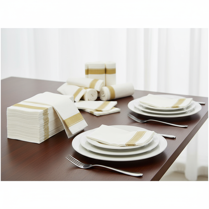 Catering display with gold-bordered napkins