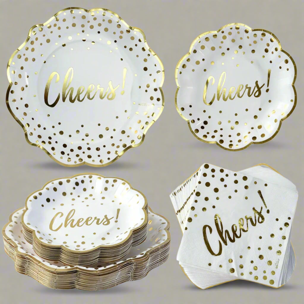Cheers 72 Piece Party Tableware Set - Gold Polka Dot Plates Napkins for 24 Guests
