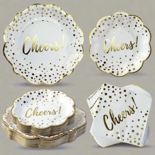 Cheers 72 Piece Party Tableware Set - Gold Polka Dot Plates Napkins for 24 Guests