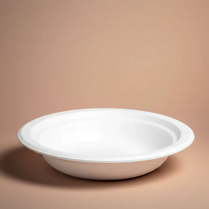 Stacked Chinet Classic disposable bowls filled with hearty vegetable soup, showing durability for hot food. Pro quality disposable dinnerware.