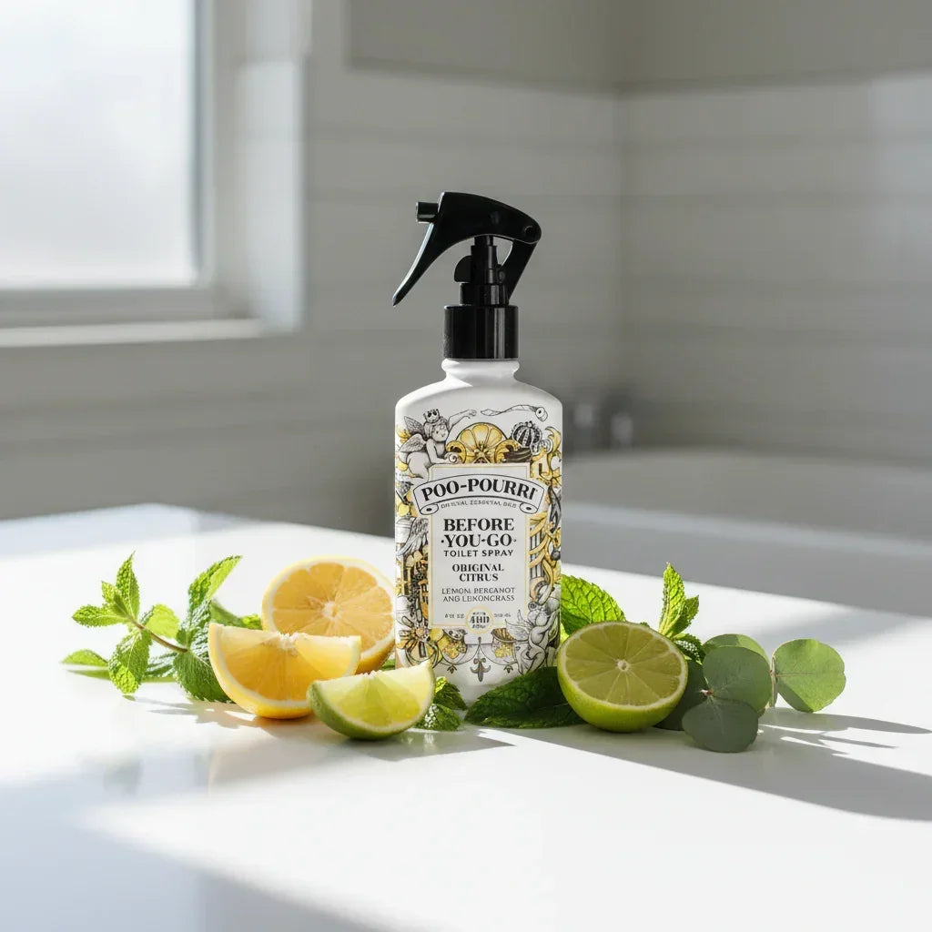 Poo-Pourri Before-You-Go Citrus toilet spray with lemon, lime, mint leaves on white countertop in bright bathroom