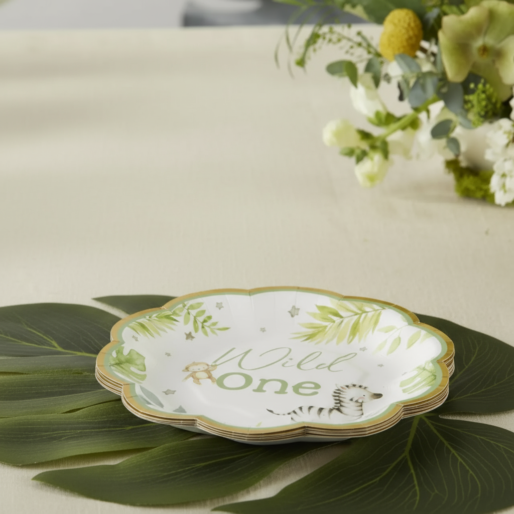 Close-up of gold foil details on Wild One plates