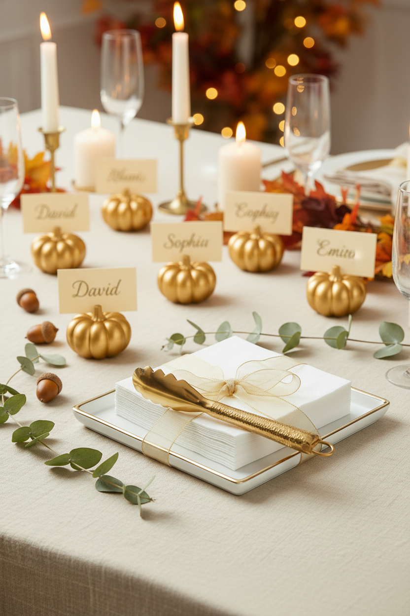 Gold Thanksgiving hosting bundle with porcelain tray, vintage tongs, 3-ply napkins, and metallic pumpkin place cards