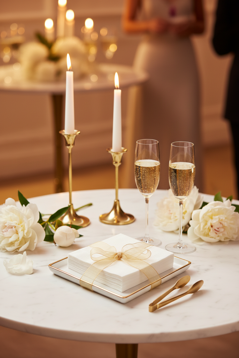 Elegant wedding cocktail reception table setting featuring the Vintage Gold & White Hosting Bundle with a square white porcelain tray holding a stack of white napkins tied with a gold sheer ribbon, gold vintage serving tongs, two champagne flutes, tall brass candlesticks with burning taper candles, and fresh white peonies on a marble tabletop.
