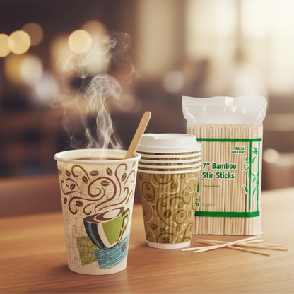 Eco-friendly coffee essentials. A natural patterned paper hot cup paired with a large pack of 100% natural birch wood 7" stir sticks. Sturdy, sustainable, and splinter-free.